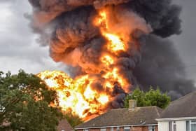 The huge blaze at the Leeson Polyurethenes Ltd premises in Juno Drive. Photo by Nicholas Fisher.