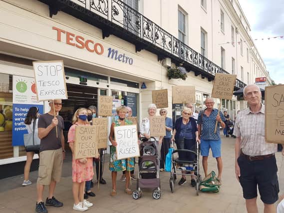 Protesters outside Tesco in the Parade in early August.