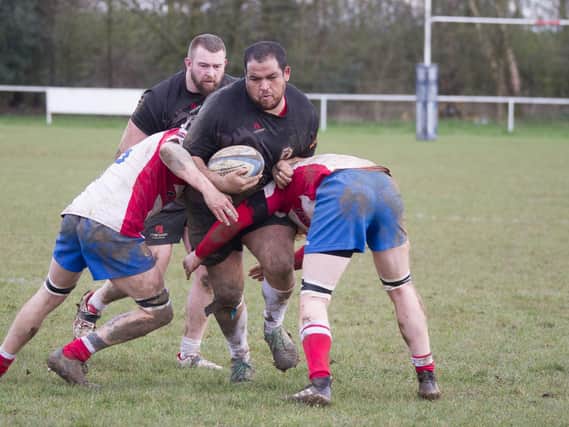 Ben Nuttall and Ed Herring in Rugby Lions' last game against Wellingborough in March 2020 before the first lockdown  PICTURE BY RAY ANDREWS