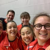 England team (Front left to right) Kelly Sibley, Denise Payet, Tin-Tin Ho, Maria Tsaptsinos. (Back left to right) Head of England Performance Matt Stanforth, Charlotte Bardsley.