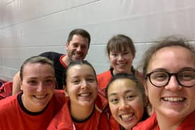 England team (Front left to right) Kelly Sibley, Denise Payet, Tin-Tin Ho, Maria Tsaptsinos. (Back left to right) Head of England Performance Matt Stanforth, Charlotte Bardsley.