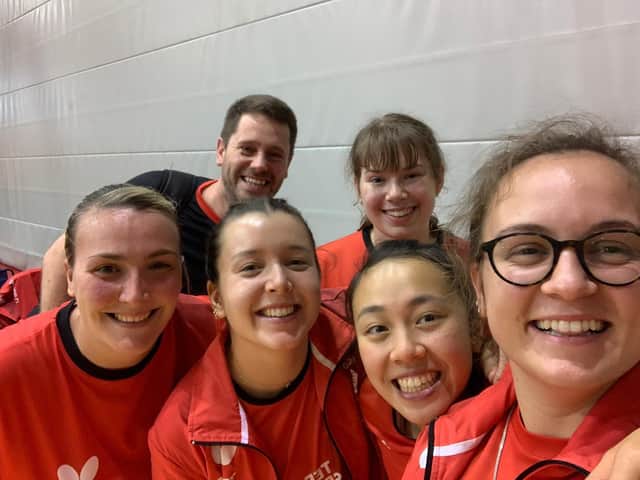 England team (Front left to right) Kelly Sibley, Denise Payet, Tin-Tin Ho, Maria Tsaptsinos. (Back left to right) Head of England Performance Matt Stanforth, Charlotte Bardsley.
