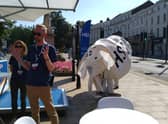 Stop HS2 campaigners with the White Elephant mascot outside Leamington Town Hall. Photo by Juliet Carter.