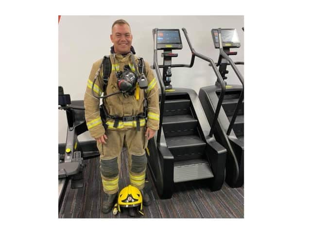 Firefighter Rob Brosnan has climbed nearly 2,000 steps in full firefighting gear and breathing apparatus to commemorate the 343 firefighters who lost their lives in the 9/11 terror attacks 20 years ago today.