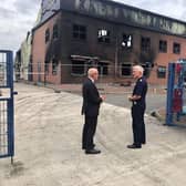 Warwick and Leamington Matt Western speaks to Warwickshire Chief Fire Officer Ben Brooks at the  Leeson Polyurethanes site in Hermes Close, Tachbrook Park, Leamington.