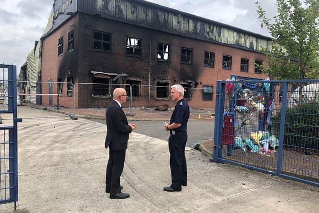 Warwick and Leamington Matt Western speaks to Warwickshire Chief Fire Officer Ben Brooks at the  Leeson Polyurethanes site in Hermes Close, Tachbrook Park, Leamington.