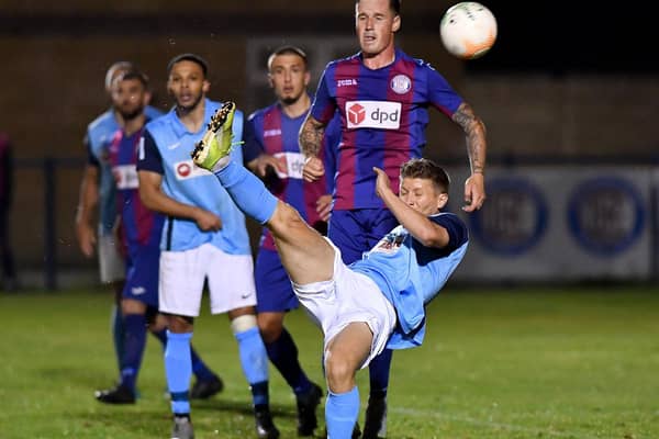 Scorer David Kolodynski goes close with overhead kick against Hinkley LRFC