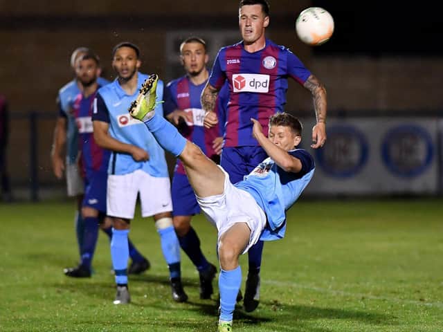 Scorer David Kolodynski goes close with overhead kick against Hinkley LRFC
