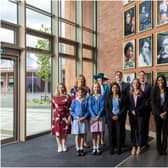 Official opening of the changemaker gallery, with the Head Girl teams of King’s High and Warwick Preparatory School and (behind left to right) Hellen Dodsworth, Head of Warwick Prep School; Lady Willoughby de Broke, the High Sheriff of Warwickshire; Richard Nicholson, Principal of the Warwick Independent Schools Foundation and Dr Stephen Burley, Head Master of King’s High. Photo supplied