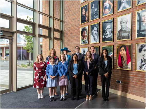 Official opening of the changemaker gallery, with the Head Girl teams of King’s High and Warwick Preparatory School and (behind left to right) Hellen Dodsworth, Head of Warwick Prep School; Lady Willoughby de Broke, the High Sheriff of Warwickshire; Richard Nicholson, Principal of the Warwick Independent Schools Foundation and Dr Stephen Burley, Head Master of King’s High. Photo supplied