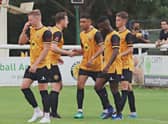 Celebrating Dan Turner's penalty against Stone Old Alleynians in Brakes' FA Cup win (Pictures by Sally Ellis)