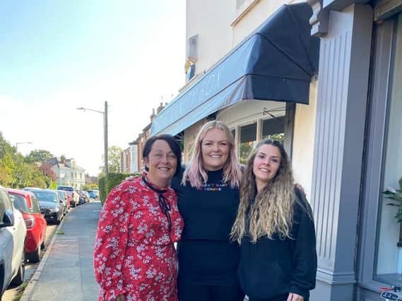 Sarah Worrall (left) is pictured outside Bluebell Florist at 19 Guy's Cliffe Road with Char Williams, who owns Vanity Box Hairdressers and Holly Blythe, the manageress of the Fat Pug pub.