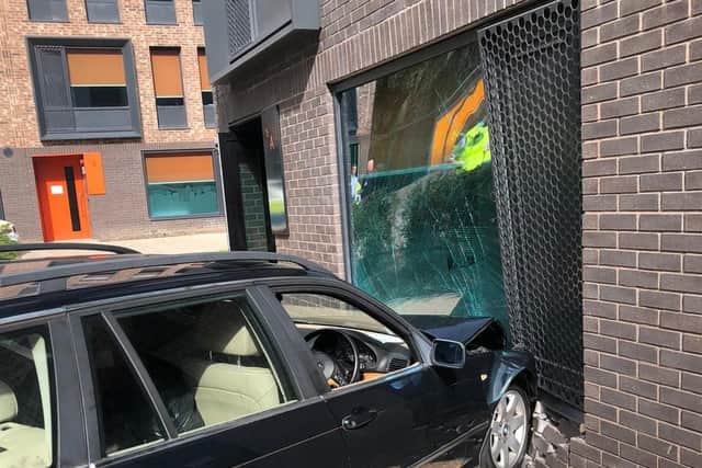 Police were called to crash yesterday (Saturday) where a car had collided into one of the buildings at the University of Warwick. Photo by OPU Warwickshire.