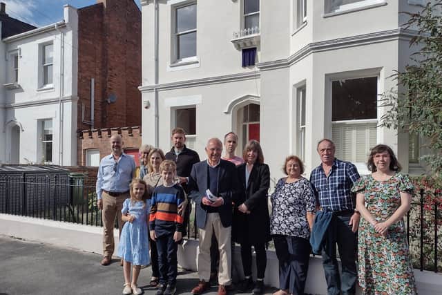 The family of England and Arsenal football legend Eddie Hapgood after the unveiling of a blue plaque in his memory at 44 Heath Terrace in Leamington.