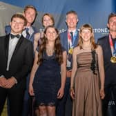 Awards dinner: Millie and Jess (L-R centre front) with fellow youth award nominees and GBR Tokyo Olympic sailors (L-R) Chris Grube and gold medallists Eilidh McIntyre, Stu Bithell and Dylan Fletcher at the 2021 YJA Awards (Picture Sam Kurtul, World of the Lens)
