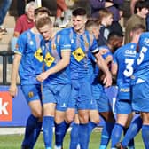 Celebrations after Jack Edwards scored for Leamington at Hereford last weekend 
 Pictures by Sally Ellis