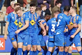 Celebrations after Jack Edwards scored for Leamington at Hereford last weekend 
 Pictures by Sally Ellis