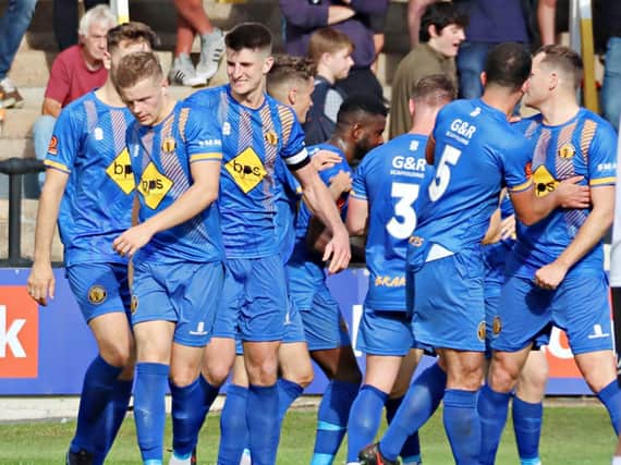 Celebrations after Jack Edwards scored for Leamington at Hereford last weekend
Pictures by Sally Ellis