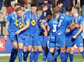 Celebrations after Jack Edwards scored for Leamington at Hereford last weekend 
 Pictures by Sally Ellis