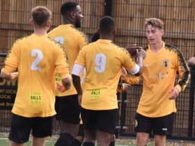 Congratulations for scorer Sam Pitts-Eckersall in Racing Club Warwick’s win over Chelmsley Town at the weekend, which sees them through to the next round of the FA Vase   Picture by Phil Britt