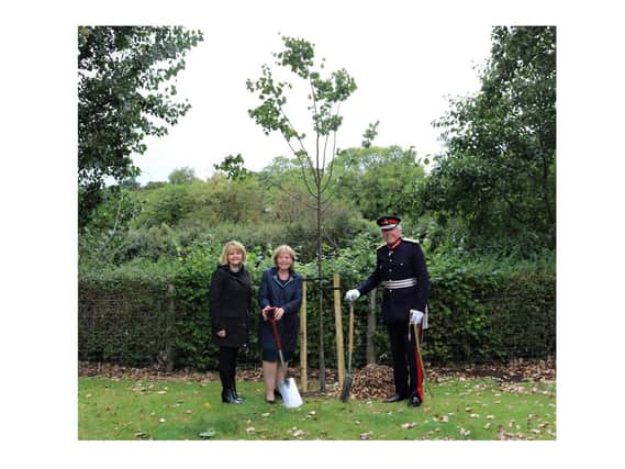 Monica Fogarty (chief executive of Warwickshire County Council), Cllr Izzi Seccombe (leader of Warwickshire County Council) and Tim Cox (Her Majesty’s Lord-Lieutenant of Warwickshire) plant a small-leaved lime tree at Warwickshire County Council’s Staff Cricket Club grounds in Warwick, to mark the start of the official planting season for The Queen’s Green Canopy (QGC).