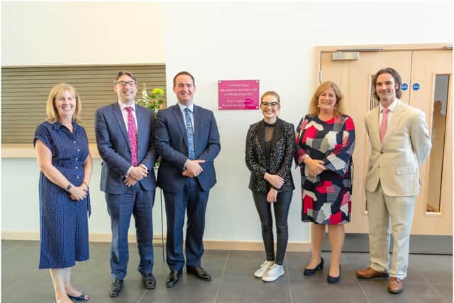 Saxophonist Jess Gillam (centre right) officially opened the new music school at King’s High and Warwick Preparatory School. Photo supplied