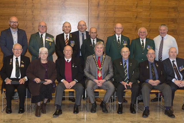 The Mayor of Causeway Coast and Glens Borough Council Councillor Richard Holmes pictured with representatives of Ballymoney Royal British Legion who attended a recent reception in Cloonavin along with Councillor Darryl Wilson, Alderman John Finlay, and Councillor Ivor Wallace