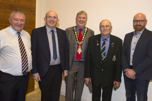 Liam McCurdy, Secretary of Ballymoney Royal British Legion, pictured with (left -right) Councillor Ivor Wallace, Alderman John Finlay, the Mayor of Causeway Coast and Glens Borough Council Councillor Richard Holmes and Councillor Darryl Wilson