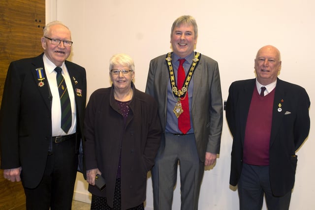 The Mayor of Causeway Coast and Glens Borough Council Councillor Richard Holmes pictured with Barry McKay, Sue McKay and John McLaughlin at a reception in Cloonavin to mark the 25th anniversary of the conferment of the Freedom of the Borough on Ballymoney Royal British Legion