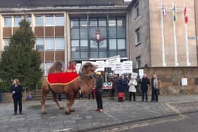 The protestors with Baxter the camel outside Shire Hall, the headquarters of Warwickshire County Council, in Warwick in January.