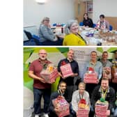 Top: CAVA employees making Christmas boxes. Bottom: Employees at NFU Mutual with the Christmas hampers they made. Pictures