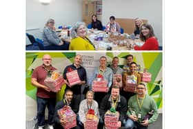 Top: CAVA employees making Christmas boxes. Bottom: Employees at NFU Mutual with the Christmas hampers they made. Pictures