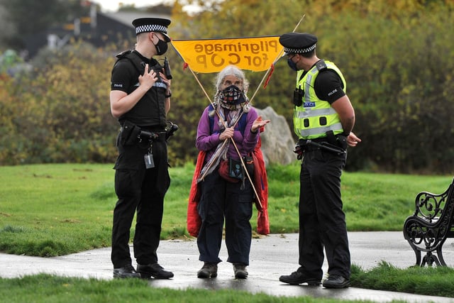 Police Scotland help Pilgrimage for COP26 in Bo'ness as they prepare to walk to Grangemouth.