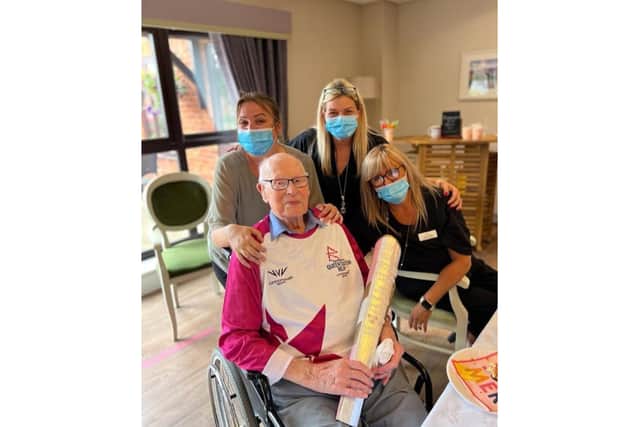 A 109 year old John Farringdon of Barchester’s Cubbington Mill Care Home in Leamington Spa has been chosen to carry the baton in the Queen’s Baton Relay for the Commonwealth Games. Pictures, John holds the Barchester baton. Photo supplied