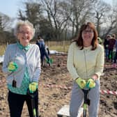 Northleigh House School’s Founder, Viv Morgan and Headteacher, Elaine Simmonds joining in with the tree planting. Photo supplied