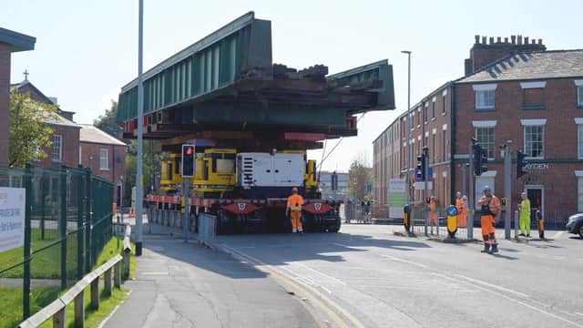 How it might look - this is Warrington railway bridge being driven down a street in Warrington.
