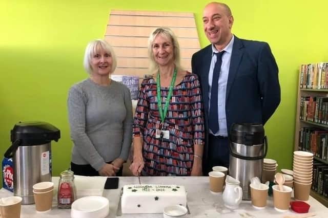 Photo (from left to right): Liz White, Gill Colbourne, and Ayub Khan from the Warwickshire Libraries team next to Lillington Library’s centenary cake. Image courtesy of Warwickshire County Council.