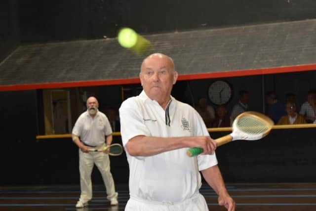 Ian Steele i action during his 90th birthday match at Leamington Tennis Court Club.