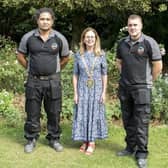 Rugby Mayor Carolyn Watson-Merret, with Clony Henry, known as KJ and James Mills.