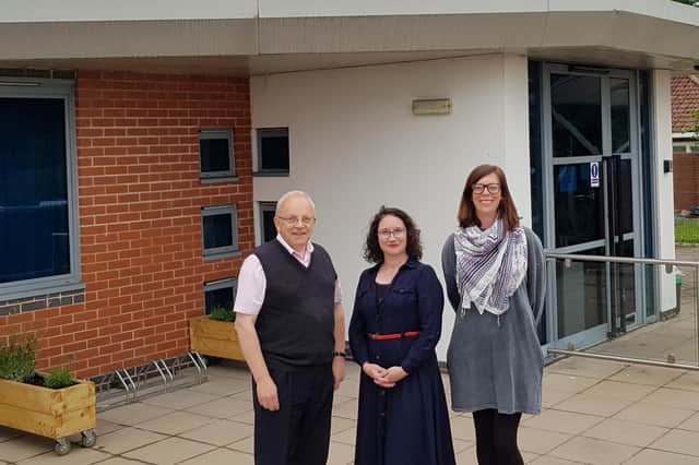 Cllr Richard Dickson with The Kenilworth Centre's new joint managers Sarah McCaffrey and Rebecca Webb outside the centre in Abbey End.