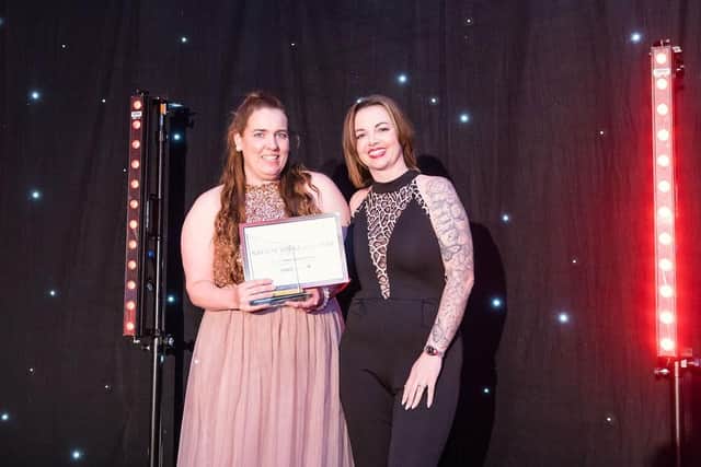 Natalie Yorke-Goldney of The Trampoline Academy rceeives her award from Danielle Hobson. Photo by Vicki Head Photography