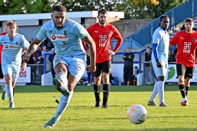 Jordan Wilson completed his hat-trick from the penalty spot in Rugby Town's 6-3 success over Histon. Pictures by Martin Pulley