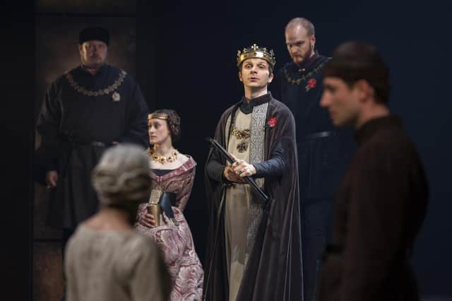 Peter Moreton, Minnie Gale, Mark Quartley and Ben Hall as Salisbury, Margaret, Henry VI and Suffolk ©RSC/Ellie Kurttz