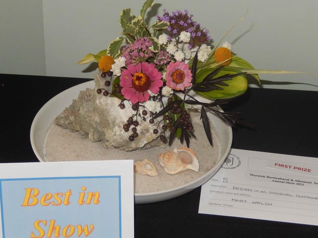 The prize for ‘Best in Show’ was won by Mary Walsh for her floral art display, displayed in a shell container. Photo supplied