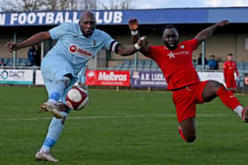 Skipper Michael Taylor gets a shot off for Rugby Town against Coleshill Town (Picture: Martin Pulley)