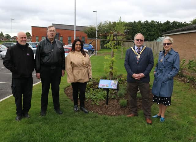 Pictured at the ceremony from left to right; Jon Holmes (WDC), Barry Franklin (Deputy Mayor of Whitnash), Mini Mangat, Adrian Barton and Susan Rasmussen (WDC Chair consort). Picture courtesy of Warwick District Council.