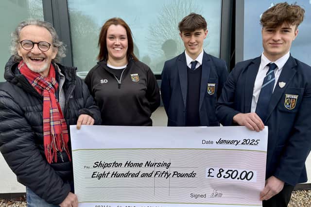 Shipston Home Nursing Patron Anton Lesser, head of PE at Shipston High School Sarah Davies and fundraisers and prefects Joshua and Toby from Year 11.