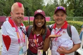 Commonwealth medalists Craig Bowler and Kieran Rollings with Denise Lewis, Olympic gold medalist and Commonwealth Games President pictured at the Games in Leamimgton Spa in 2022.