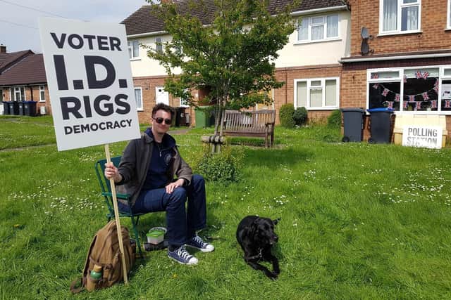Tom Garner held an all-day solo protest against voter ID at the local elections in Kenilworth.