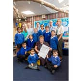 Kingsway Community School in Leamington has recently been given an Ofsted rating of Good for the first time in its history.
Pictured: Pupils and Staff (L to R) Emma Cook, Sophie Finch (Deputy Head), Alex Atkinson, Chris Bain, Sammi McLoughlin & Sharon Byrne (Head Teacher).
Photo by Mike Baker.